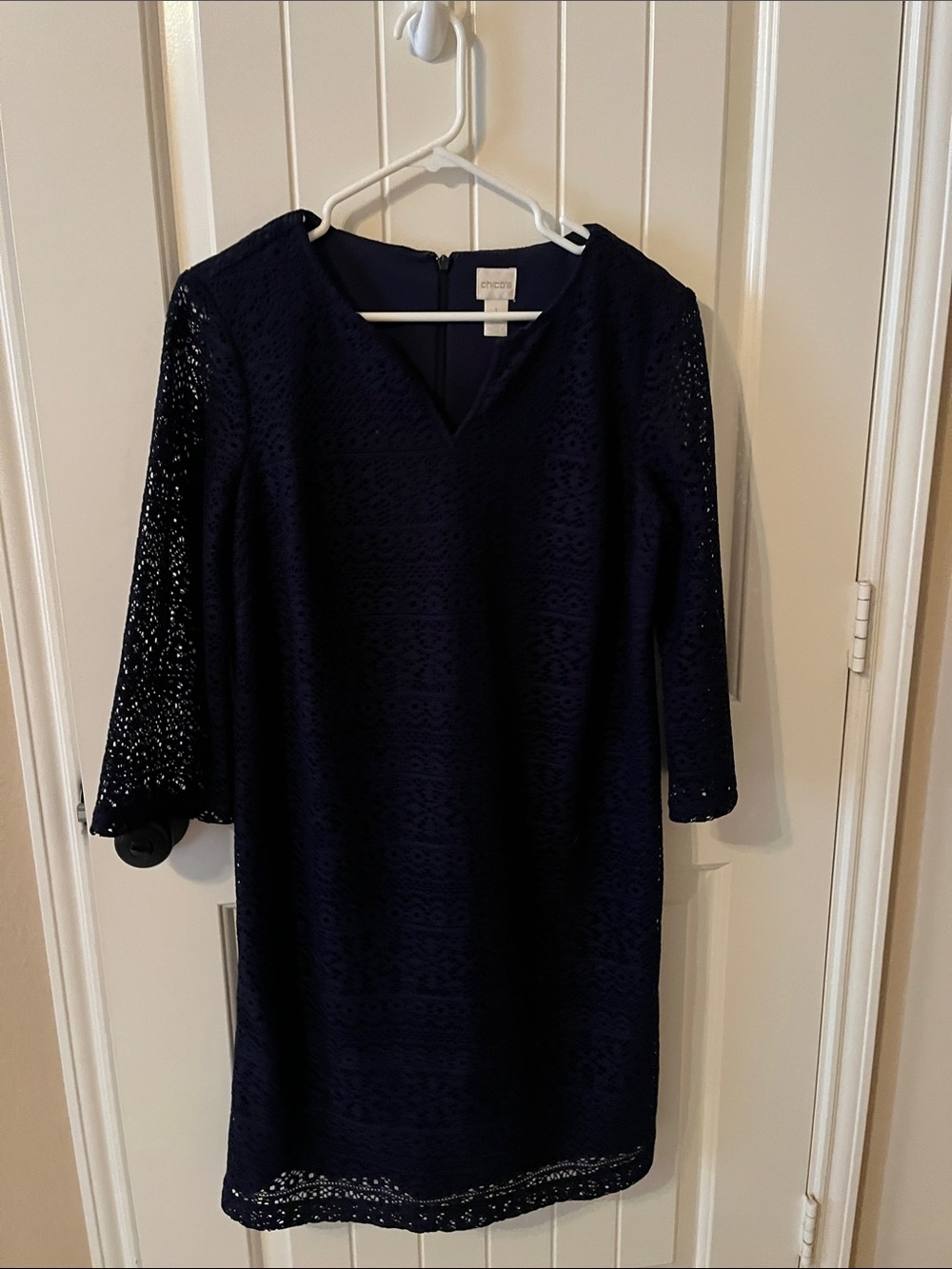 Chico's Navy Lace Shift Dress with V-Notch and 3/4 Sleeves